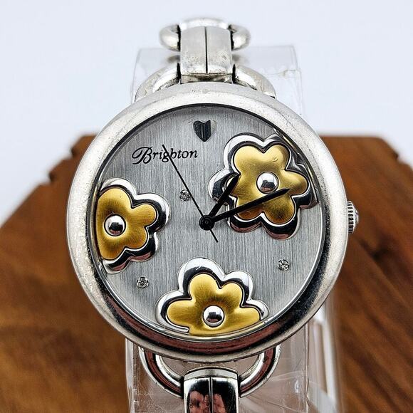 Brighton Women's Two Tone Harmony Floral Watch Bracelet Chain Link Band Preppy - Picture 2 of 7